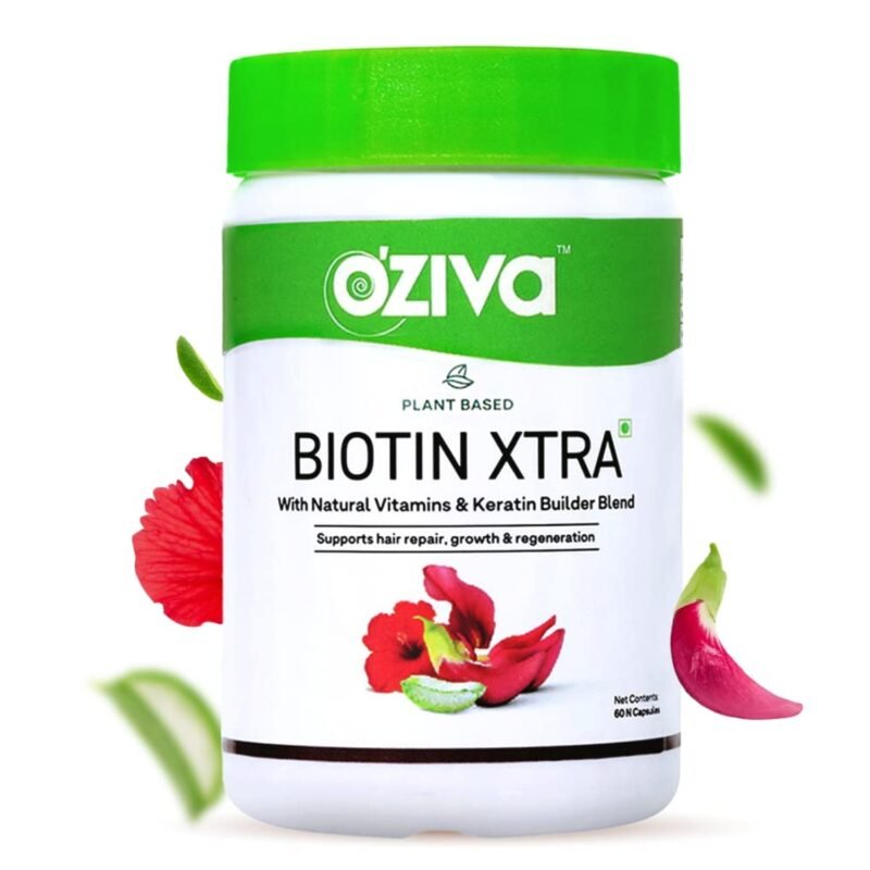 OZiva Plant Based Biotin Xtra Biotin for hair growth & Regeneration Biotin 7000 mcg+ with Keratin Builder, Sesbania Agati & Aloe Vera