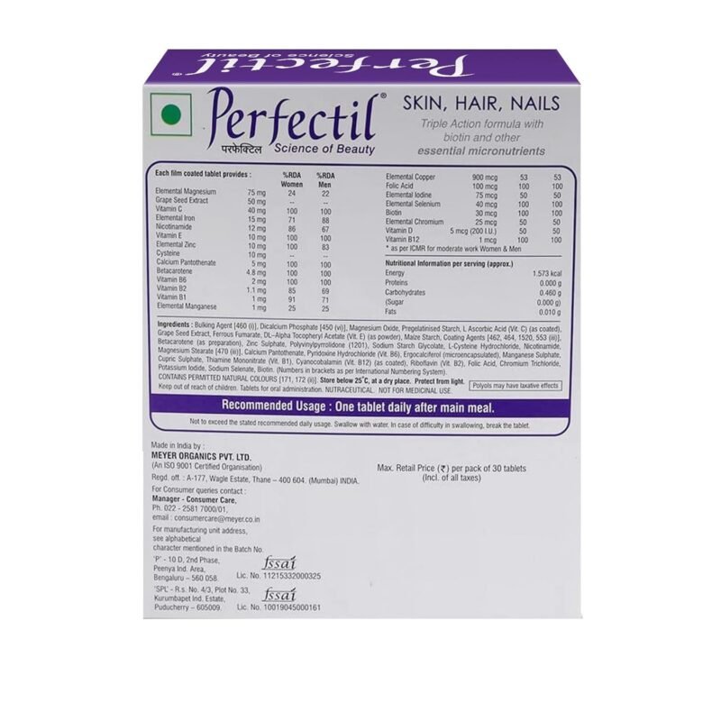 Perfectil 30 Tablets, Triple Action Formula Enriched With Biotin, Grape Seed Extract, For Healthy Skin, Hair, And Nails Gluten Free Vegetarian