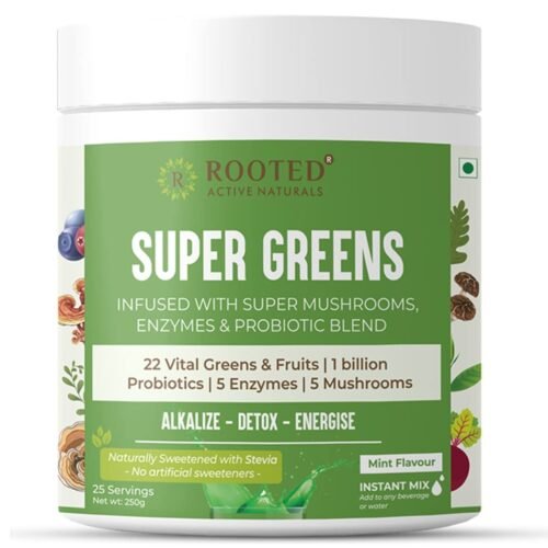 Rooted Actives Superfood Greens, Mushrooms & Herbs blend (250 g), 22 Daily Greens & Fruits, 5 Mushrooms, Probiotics & Enzymes