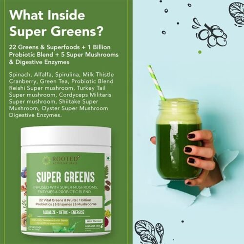 Rooted Actives Superfood Greens, Mushrooms & Herbs blend (250 g), 22 Daily Greens & Fruits, 5 Mushrooms, Probiotics & Enzymes