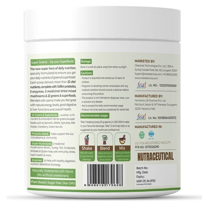 Rooted Actives Superfood Greens, Mushrooms & Herbs blend (250 g), 22 Daily Greens & Fruits, 5 Mushrooms, Probiotics & Enzymes