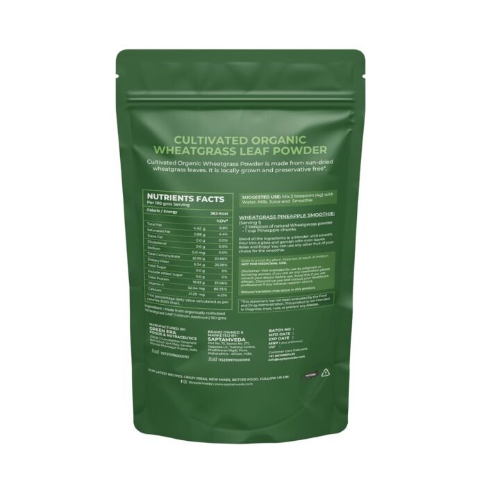 SAPTAMVEDA 100% Organic Wheatgrass Powder 150 Gm Non-GMO, Vegan, Superfood Antioxidant, Energy, Detox, Immunity Booster, Skin Health