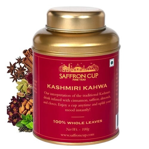 Saffron Cup Kashmiri Kahwa Green Tea Sweet Kahwa Herbal Tea 100 gm granules Blended with Saffron, Cinnamon, Almonds & Rose Petals