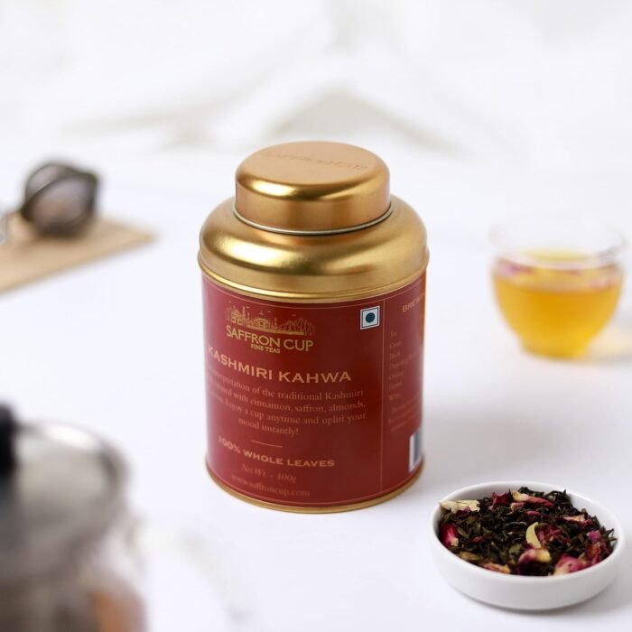 Saffron Cup Kashmiri Kahwa Green Tea Sweet Kahwa Herbal Tea 100 gm granules Blended with Saffron, Cinnamon, Almonds & Rose Petals