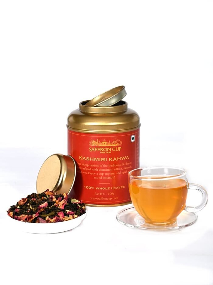 Saffron Cup Kashmiri Kahwa Green Tea Sweet Kahwa Herbal Tea 100 gm granules Blended with Saffron, Cinnamon, Almonds & Rose Petals