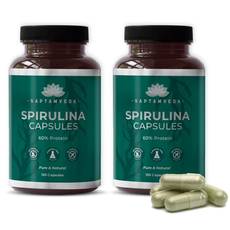 Saptamveda Natural Spirulina Capsules 2000mg(120 Capsules) (Pack of 2)-Plant-Based Superfood Supplement for Men and Women