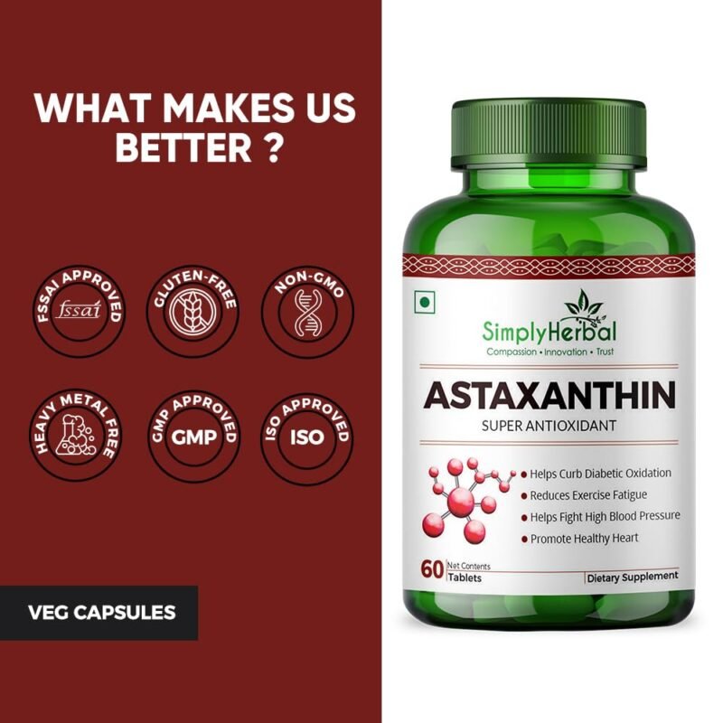 Simply Herbal Astaxanthin 4mg Super Antioxidant, Supplement tablet Promote Healthy Skin & Muscle Health Also Support Heart Function & Immunity (60 Veg Tablets)