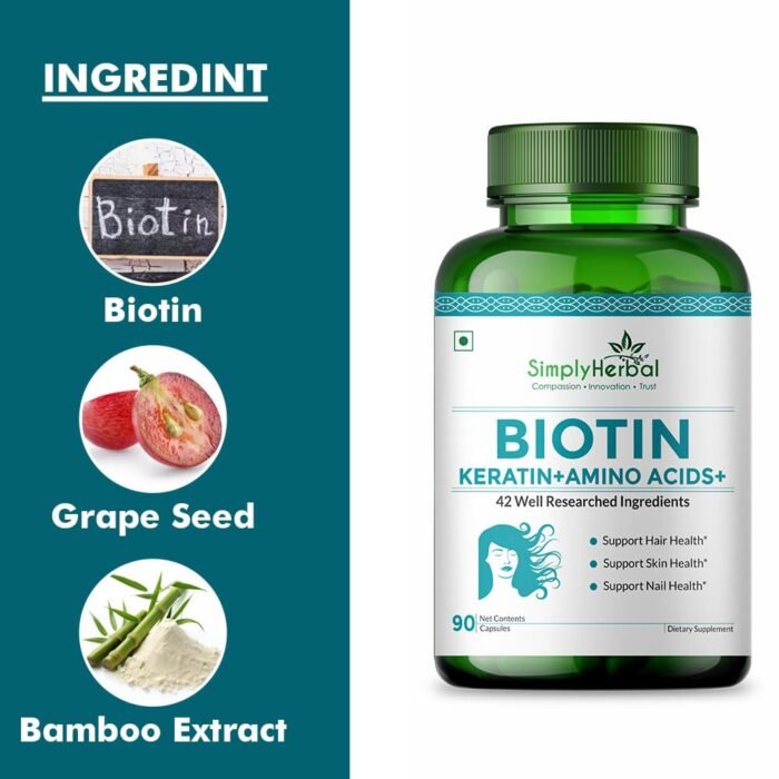 Simply Herbal Natural Biotin Vitamin B7 Capsules for Hair & Skin Enriched With Keratin + Multivitamin + Amino Acid For Men Women (90 Capsules)