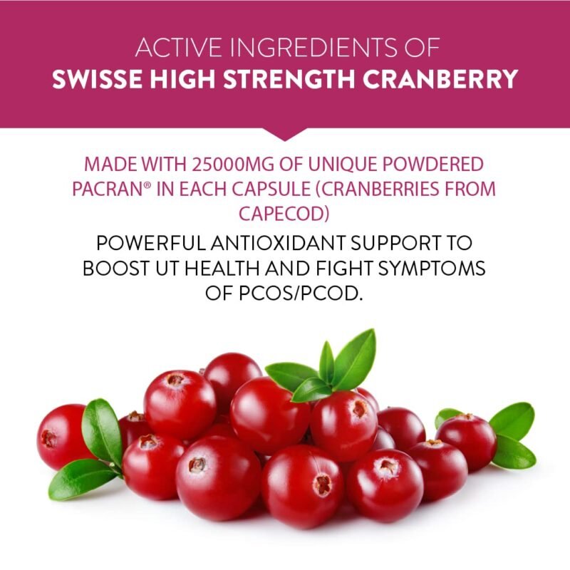 Swisse High Strength Cranberry for PCOS, PCOD & UTI - 25000mg Cranberry Extract, Antioxidant Rich Supplement Supports Bladder & Kidney Health