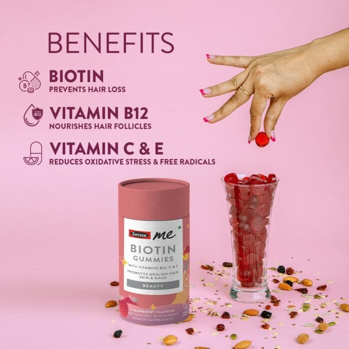 SwisseMe Biotin Gummies (100% Vegan, 30 Day Pack) Reduces Hair Fall & Promotes Regrowth, Supports Healthy Skin & Stronger Nails with Vitamin B12