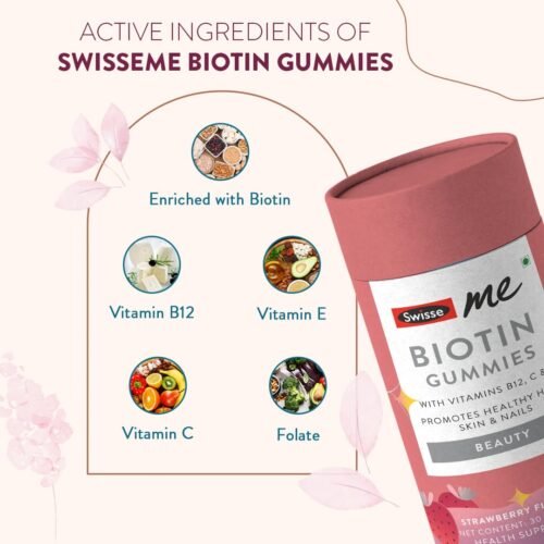 SwisseMe Biotin Gummies (100% Vegan, 30 Day Pack) Reduces Hair Fall & Promotes Regrowth, Supports Healthy Skin & Stronger Nails with Vitamin B12