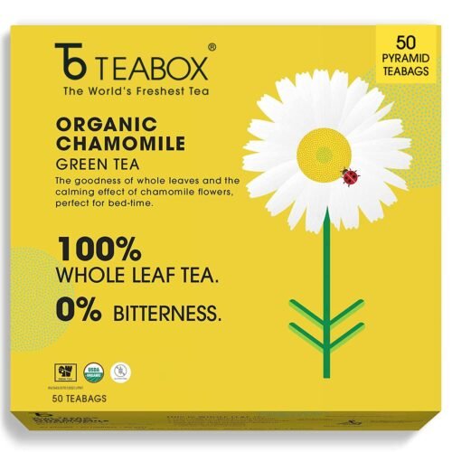 Teabox Chamomile Green Tea for Stress Relief & Good Sleep, Made with 100% Whole Leaf & Natural Chamomile Flowers, 50 Silken Pyramid Tea Bags, 200 grams