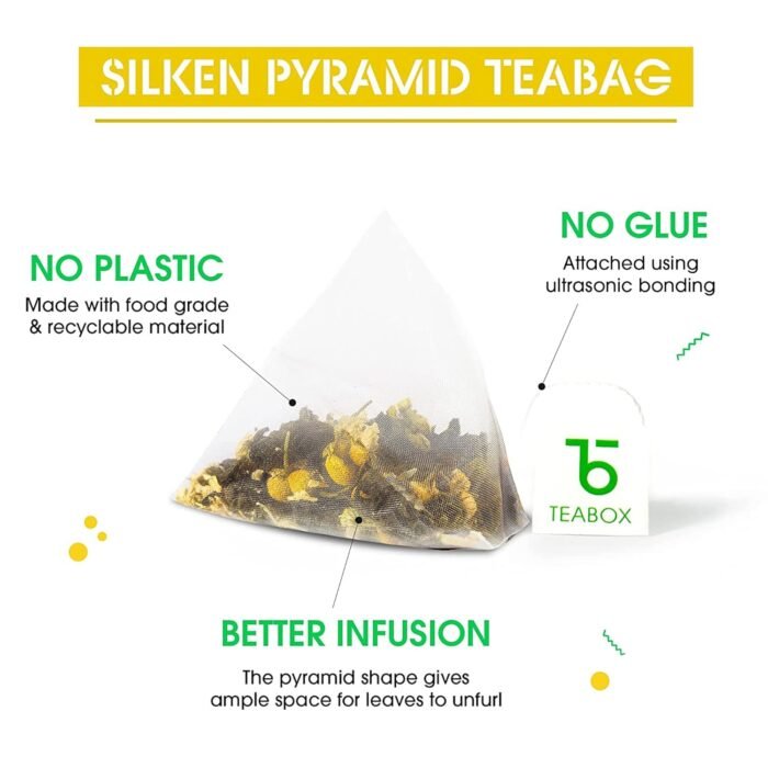 Teabox Chamomile Green Tea for Stress Relief & Good Sleep, Made with 100% Whole Leaf & Natural Chamomile Flowers, 50 Silken Pyramid Tea Bags, 200 grams