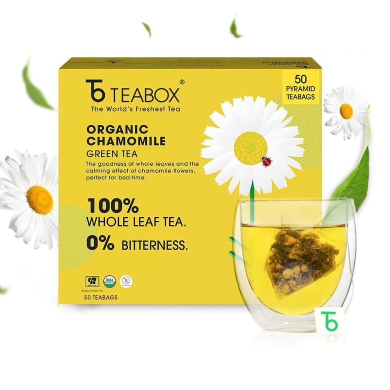 Teabox ORGANIC Chamomile Green Tea for Stress Relief & Good Sleep, Made with 100% Whole Leaf & Natural Chamomile Flowers, 50 Silken Pyramid Tea Bags2