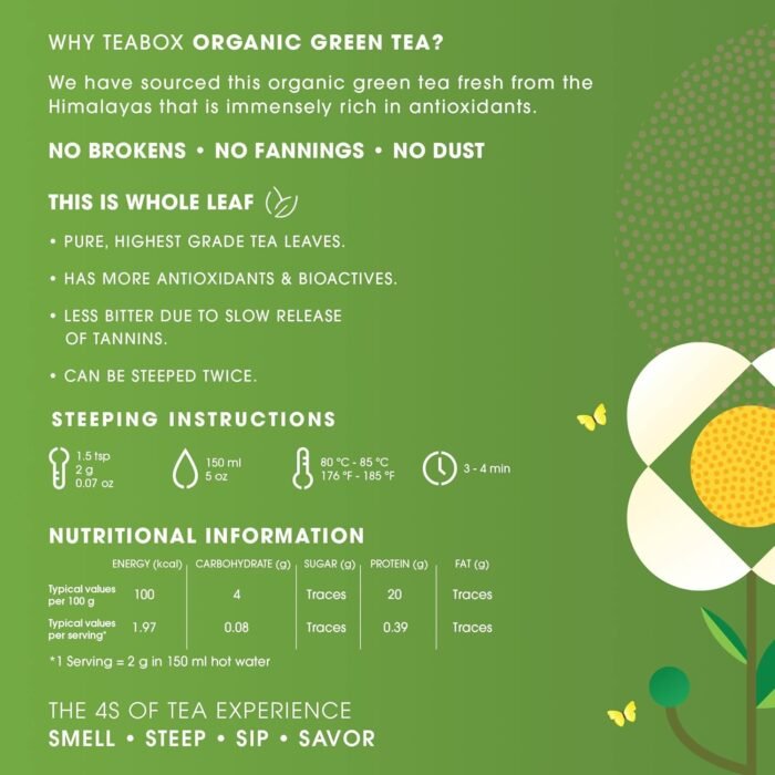 Teabox ORGANIC Darjeeling Green Tea Loose Leaves Made with 100% Whole Leaf, Sourced from Highlands of Darjeeling 0% Bitterness Assured 100G