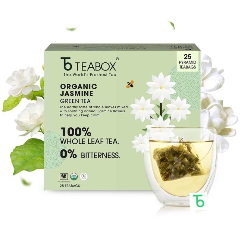 Teabox Organic Jasmine Green Tea 25 Teabags Sourced From Madurai For Calm Mind and Relaxation Made with 100% Whole Leaf