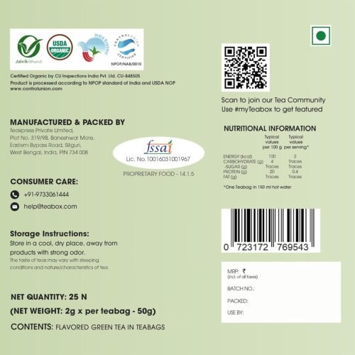 Teabox Organic Jasmine Green Tea 25 Teabags Sourced From Madurai For Calm Mind and Relaxation Made with 100% Whole Leaf