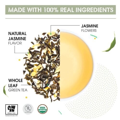 Teabox Organic Jasmine Green Tea 25 Teabags Sourced From Madurai For Calm Mind and Relaxation Made with 100% Whole Leaf