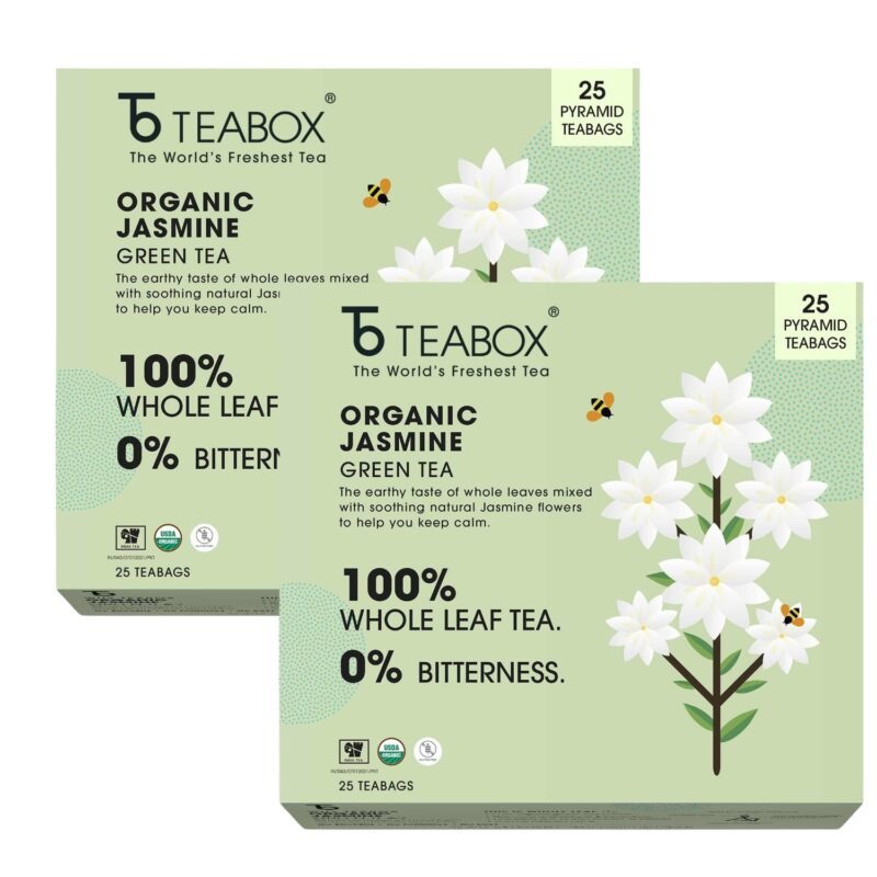 Teabox Organic Jasmine Green Tea 25 Teabags Sourced From Madurai For Calm Mind and Relaxation Made with 100% Whole Leaf