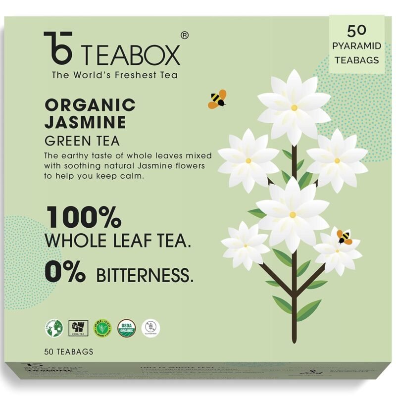 Teabox Organic Jasmine Green Tea 50 Teabags Sourced From Madurai For Calm Mind and Relaxation