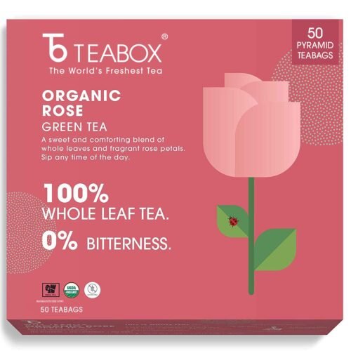 Teabox Organic Rose Green Tea Bags 50 pcs For Glowing Skin Made with 100% Whole Leaf & Natural Rose Petals1