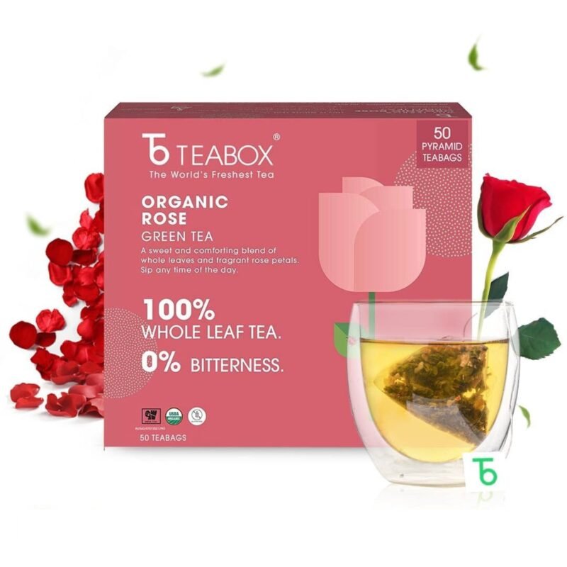 Teabox Organic Rose Green Tea Bags 50 pcs For Glowing Skin Made with 100% Whole Leaf & Natural Rose Petals1