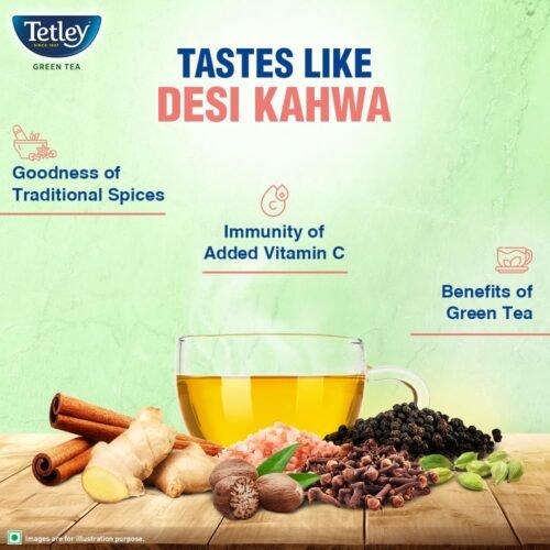 Tetley Green Tea Immune Kahwa with Pink Salt, Ginger, Cardamom (Spiced green tea) with added Vitamin C, 25 Tea Bags