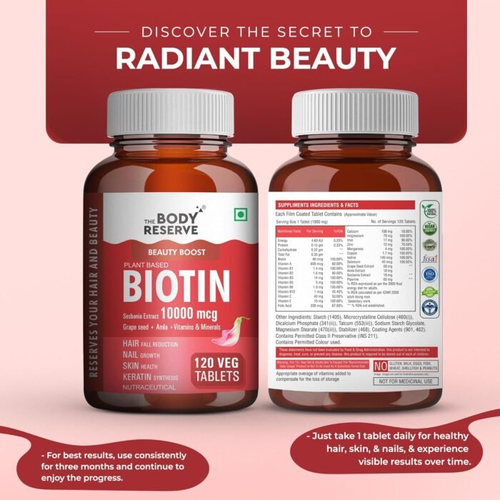 The Body Reserve Plant Based Biotin Tablets -120 Veg Tablets, Biotin from Sesbania with Amla, Grapeseed & Hair Multivitamins, Biotin helps Hair Growth