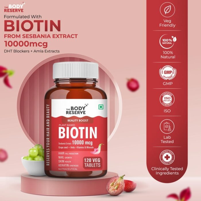 The Body Reserve Plant Based Biotin Tablets -120 Veg Tablets, Biotin from Sesbania with Amla, Grapeseed & Hair Multivitamins, Biotin helps Hair Growth