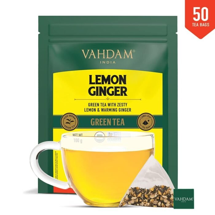 VAHDAM, Lemon Ginger Green Tea Bags (50 Count) Med Caffeine, Non GMO, Gluten Free Fruity Flavor - Zesty Lemon & Orange Peel Whole Loose Leaf Tea Bags 1