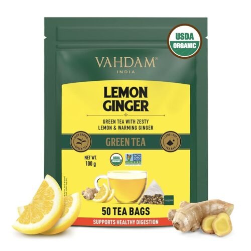 VAHDAM, Lemon Ginger Green Tea Bags (50 Count) Med Caffeine, Non GMO, Gluten Free Fruity Flavor - Zesty Lemon & Orange Peel Whole Loose Leaf Tea Bags 1