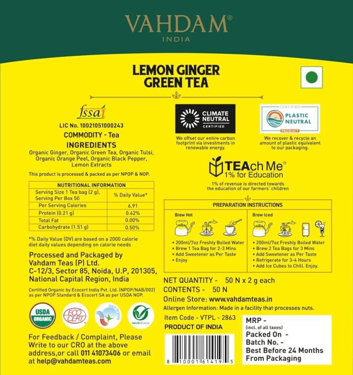 VAHDAM, Lemon Ginger Green Tea Bags (50 Count) Med Caffeine, Non GMO, Gluten Free Fruity Flavor - Zesty Lemon & Orange Peel Whole Loose Leaf Tea Bags 1