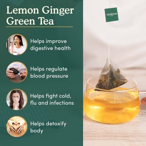 VAHDAM, Lemon Ginger Green Tea Bags (50 Count) Med Caffeine, Non GMO, Gluten Free Fruity Flavor - Zesty Lemon & Orange Peel Whole Loose Leaf Tea Bags 1