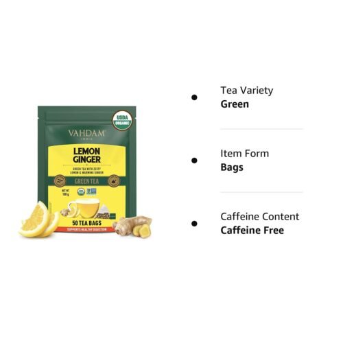 VAHDAM, Lemon Ginger Green Tea Bags (50 Count) Med Caffeine, Non GMO, Gluten Free Fruity Flavor - Zesty Lemon & Orange Peel Whole Loose Leaf Tea Bags 1