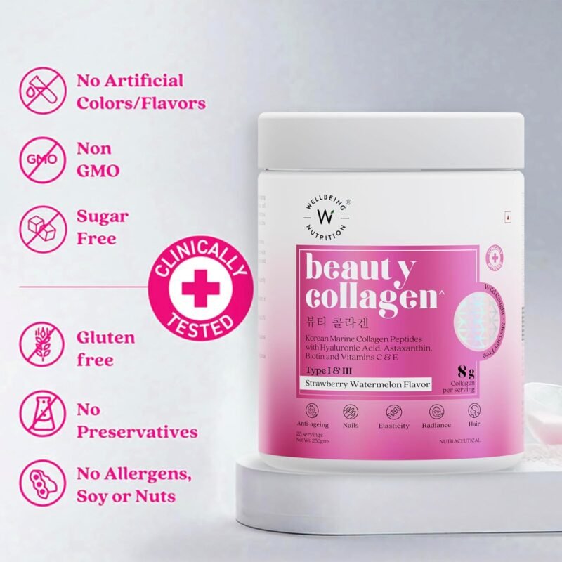 Wellbeing Nutrition Beauty Collagen with Hyaluronic Acid Collagen Supplements for Women & Men Collagen Powder with Biotin and Vitamins for Skin