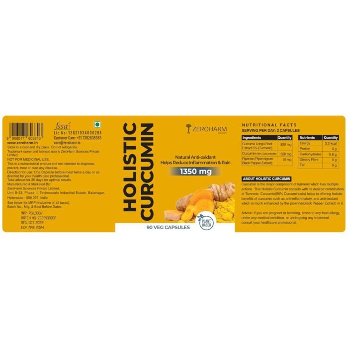 ZEROHARM Holistic Curcumin Capsules 1350mg Helps Reduce Inflammation and Pain Antioxidant & Anti-inflammatory (90 Capsules)