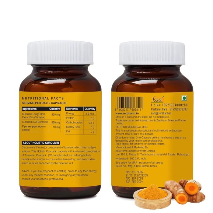 ZEROHARM Holistic Curcumin Capsules 1350mg Helps Reduce Inflammation and Pain Antioxidant & Anti-inflammatory (90 Capsules)