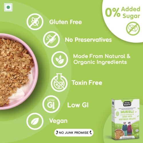 ORGANIC HABITS Muesli, Diabetic Friendly Breakfast Cereal With Fruit, Nuts, Seeds, Vegetables, Millets & Wholegrain | Source Of Protein And Vitamins B1 & C Probiotics Zero Sugar (400 G)