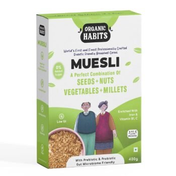 ORGANIC HABITS Muesli, Diabetic Friendly Breakfast Cereal With Fruit, Nuts, Seeds, Vegetables, Millets & Wholegrain | Source Of Protein And Vitamins B1 & C Probiotics Zero Sugar (400 G)