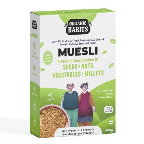 ORGANIC HABITS Muesli, Diabetic Friendly Breakfast Cereal With Fruit, Nuts, Seeds, Vegetables, Millets & Wholegrain | Source Of Protein And Vitamins B1 & C Probiotics Zero Sugar (400 G)