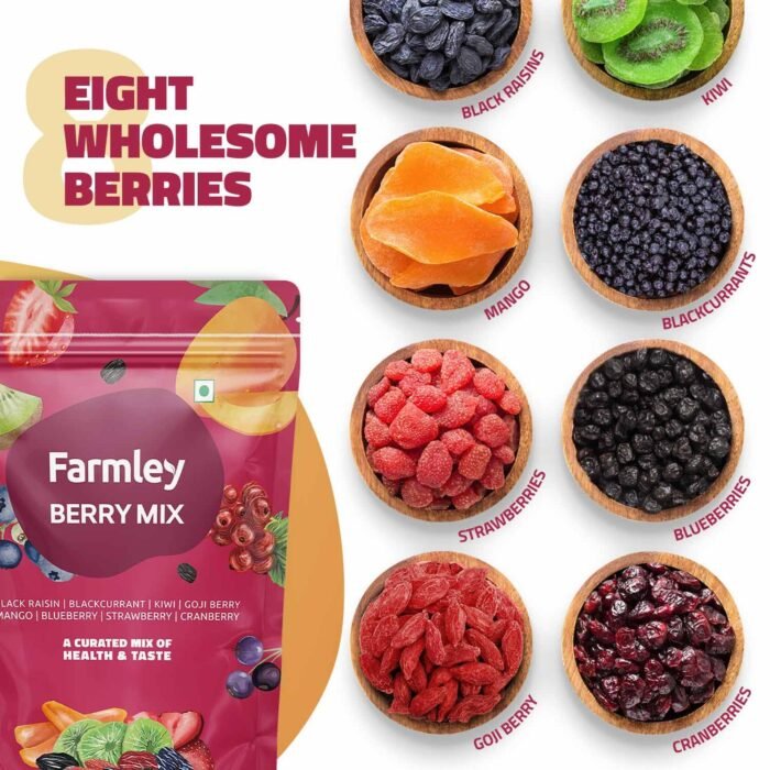 Farmley Berries Mix 200g/160g | 8-In-1 Healthly Snacks Contains Cranberry,Black Raisins,Strawberry,Black Currant & More (Pack of 1)