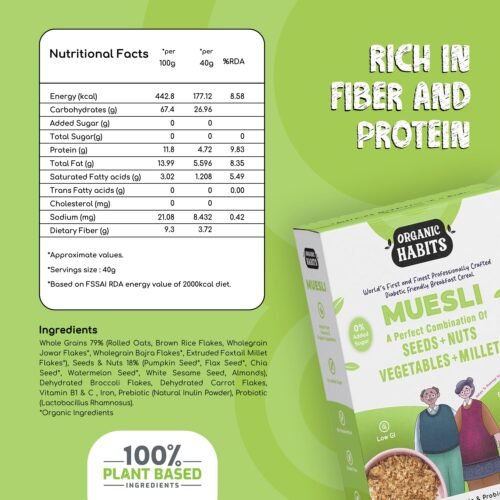 ORGANIC HABITS Muesli, Diabetic Friendly Breakfast Cereal With Fruit, Nuts, Seeds, Vegetables, Millets & Wholegrain | Source Of Protein And Vitamins B1 & C Probiotics Zero Sugar (400 G)