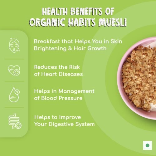 ORGANIC HABITS Muesli, Diabetic Friendly Breakfast Cereal With Fruit, Nuts, Seeds, Vegetables, Millets & Wholegrain | Source Of Protein And Vitamins B1 & C Probiotics Zero Sugar (400 G)