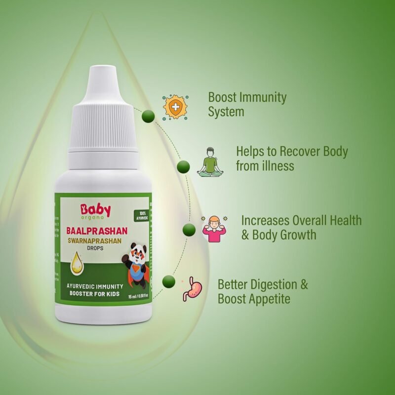 Babyorgano Swarnaprashan for Kids - Enriched with 24CT Gold Immunity Booster Drops Healthy Growth & Strength - 100% Ayurvedic - FDCA Approved - 15ml, Age 0-15 Years (Pack of 1)