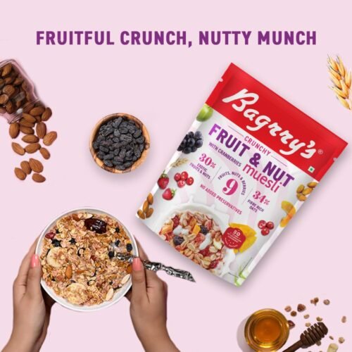 Bagrry's Crunchy Muesli With 30% Fruit & Nut Cranberries 750gm Pouch 34% Fibre Rich OatsNo Sugar Infused FruitsReal FruitsBreakfast