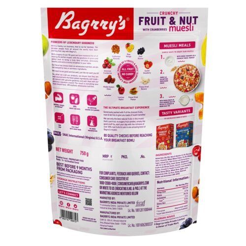 Bagrry's Crunchy Muesli With 30% Fruit & Nut Cranberries 750gm Pouch 34% Fibre Rich OatsNo Sugar Infused FruitsReal FruitsBreakfast