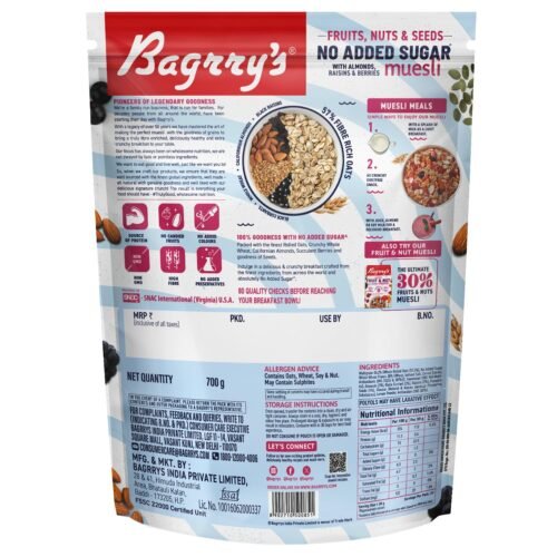 Bagrry's No Added Sugar Muesli Fruits, Nuts and Seeds 700 gm Pouch Whole Grain Breakfast Cereal Helps Manage Weight3