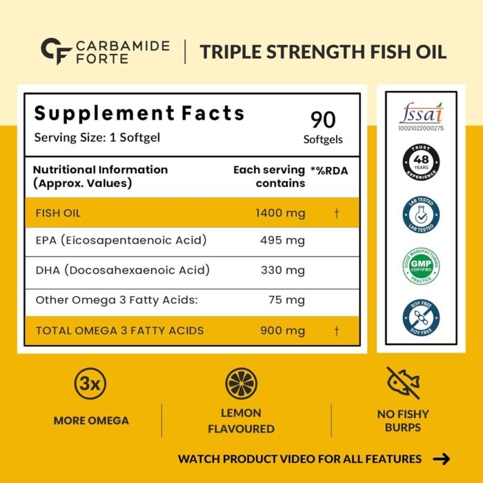 Carbamide Forte Triple Strength Omega 3 Fish Oil Capsule with 495 mg EPA & 330 mg DHA 90 Softgel Capsules