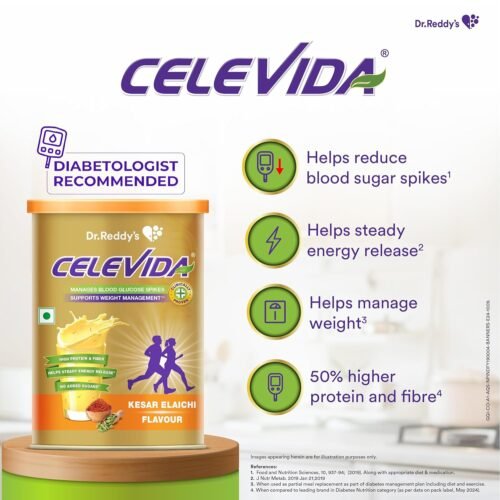 Celevida Protein Powder Drink for Diabetes Management by Dr. Reddy’s Kesar Elaichi Flavour No Added sugar Plant based For Sugar control, Weight Management & Immunity