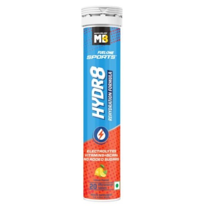 MuscleBlaze Fuel One Sports Hydr8, Rehydration Formula with Electrolytes, Vitamins, BCAAs & No Added Sugars (Lemon, 20 Effervescent Tablets)